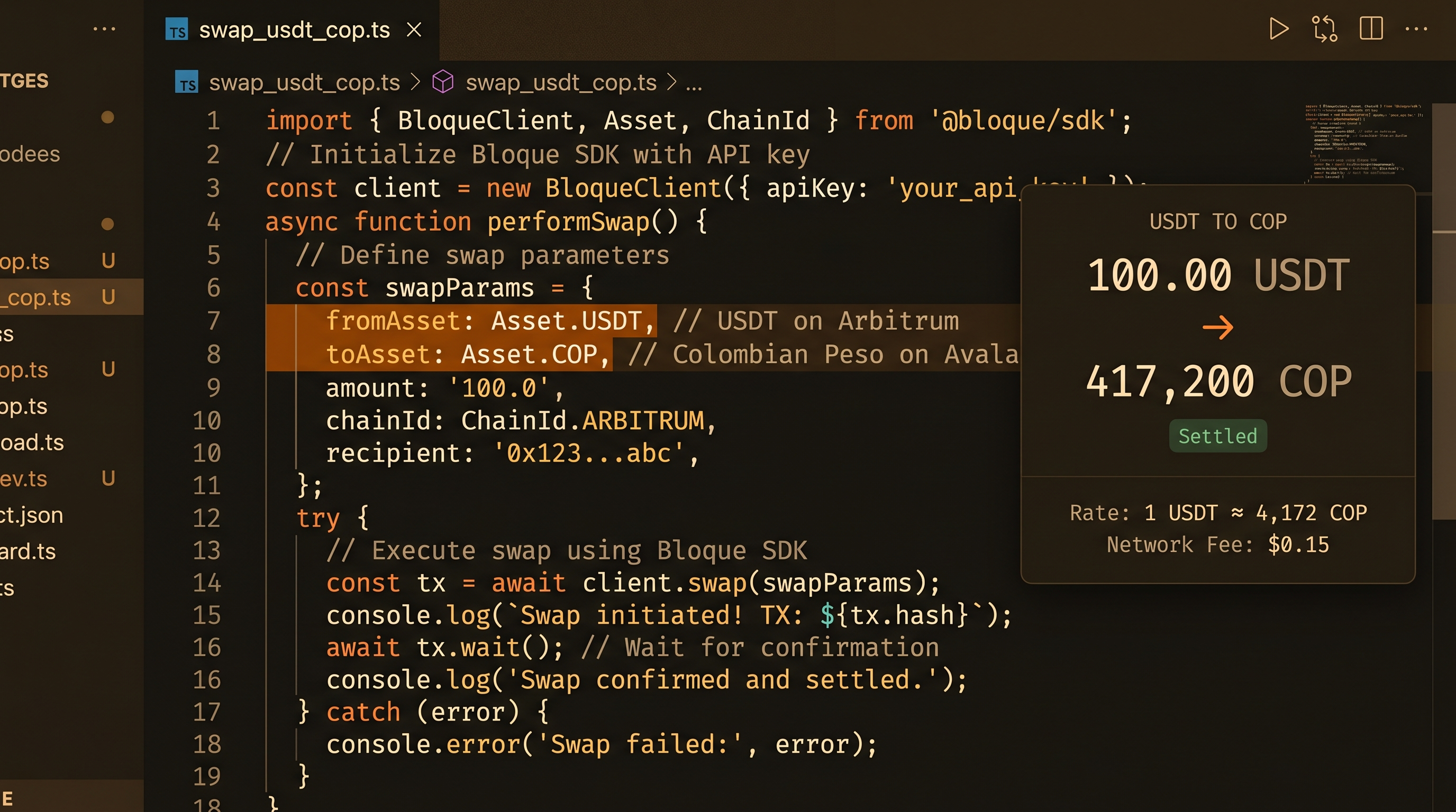 Bloque SDK code editor showing a TypeScript swap call with real-time USDT to COP conversion